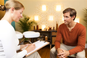 Image of a massage therapist taking a client history